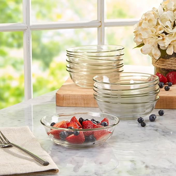 12pc Glass Dinnerware Set - Sleek Round Clear Glass Plate and Bowl Sets - Dishwasher Safe, Bread & Butter Dinner, Dessert, Salad Plates & Serving Cereal Soup Bowls Dishes for Kitchen Dining & Parties