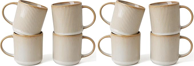 famiware Coffee Mug Set for 4, Star 12 oz Catering Mugs Cup Set with Handle for Coffee, Tea, Cocoa, Milk - Ceramic Stoneware Drinkware Set, Cappuccino White (Pack of 2)