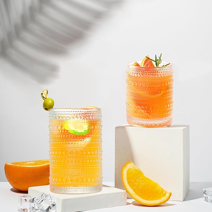 Hobnail Drinking Glasses Set of 12, 12 oz Highball Glassware & 10 oz Cocktail Glasses, Vintage Embossed Beaded Glass Cups for Kitchen,Beer,Soda, Whiskey,and Beverages,Dishwasher Safe