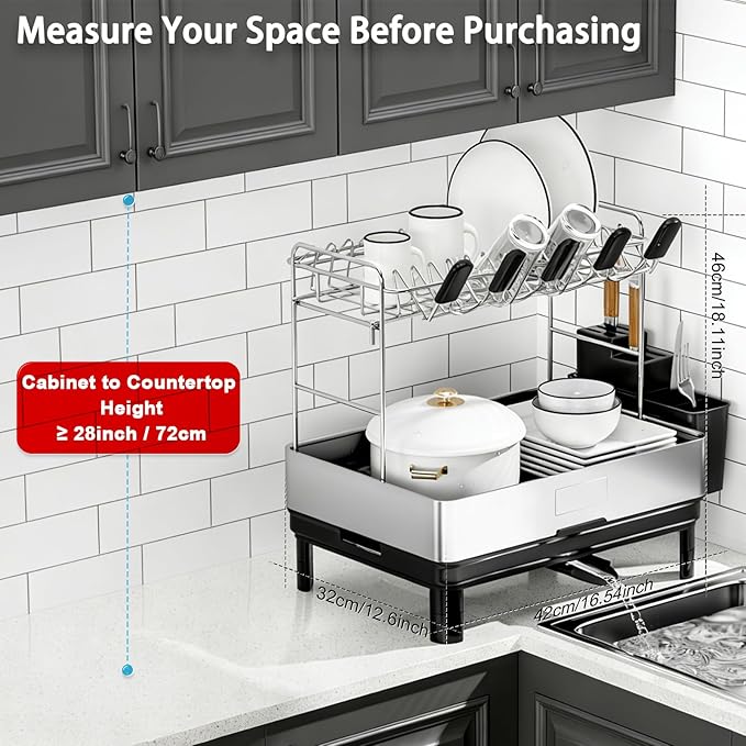 Ewaiira Dish Drying Rack, 2 Tier Large Dish Rack, Stainless Steel Dish Drainer for Kitchen Counter, Dishes Rack with Automatic Drainage, Utensil Holder,Cups Holder,Space Saving Kitchen Organizer,Black