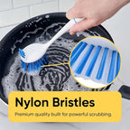 Dish Washing Vegetable Brush Scrubber with Stainless Steel Grill Brush, Scourer Sponge Brush Set with Long Handle and Rubber Grip, Non-Scratch, Kitchen Cleaning Set (2 Pack, Blue)