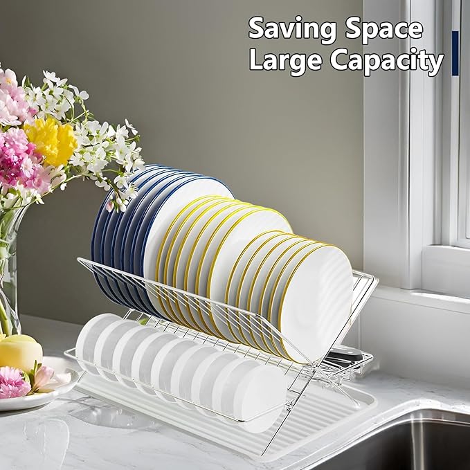 Stainless Steel Dish Drying Rack,Collapsible Dish Racks 2 Tier Foldable Dish Drainers for Large Capacity Wire Expandable