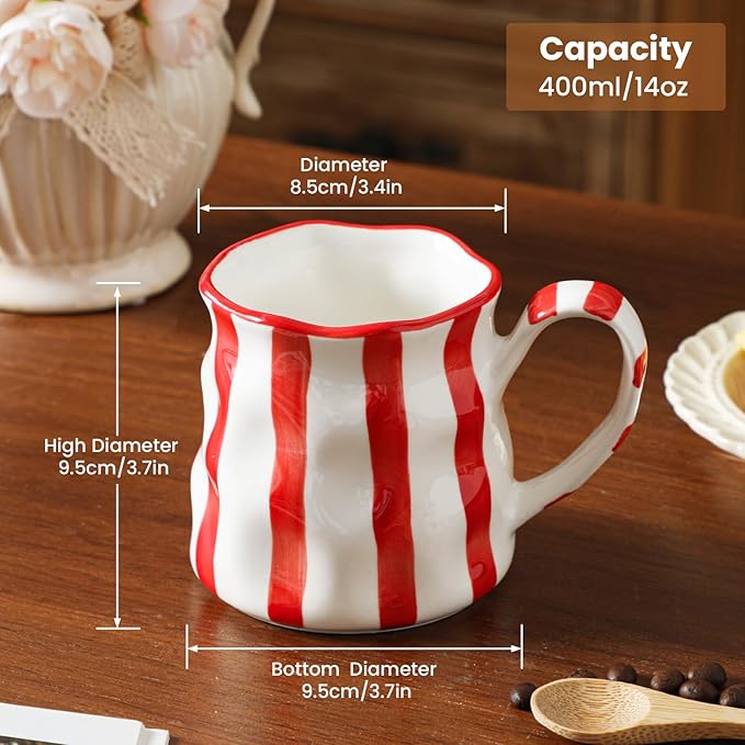 Ceramic Coffee Mugs Set of 4,Cute Mugs (Striped),14 oz Large Cups For Latte Tea Milk，Hand Painted Coffee Mugs Set Dishwasher Microwave Safe