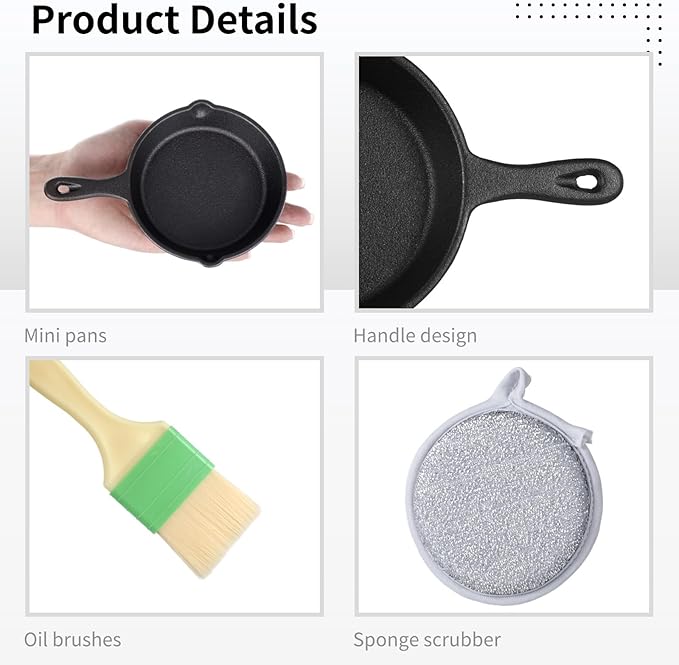 OMISTAR 20 Pack 4 inch Cast Iron Skillet, Mini Nonstick Frying Pan with Oil Brush and Sponge, Single Serve Egg Pan Long Handle Omelet Pan, Grill Safe