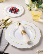 realluck 175 Piece White Gold Plastic Dinnerware Set for 25 Guests Elegant Baroque Disposable Dinnerware for Weddings, Parties, 50 Plastic Plates, 25 Pre Rolled Napkins with Silverware, 25 Cups