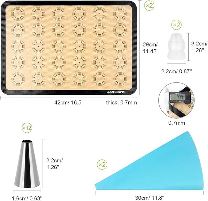 Philorn Silicone Baking Mat Set, 16.5" x 11.42" Macaron Mat, Non-Stick With Tools, 2 Pack Food Safe, Reusable for Oven, Cookie, Bread