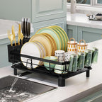 Lyellfe Dish Drying Rack, Rust-Proof Dish Drainer with Drainboard Utensil Cup Holder, Black Iron Dish Rack and Drainboard Set for Kitchen Counter, Over The Sink