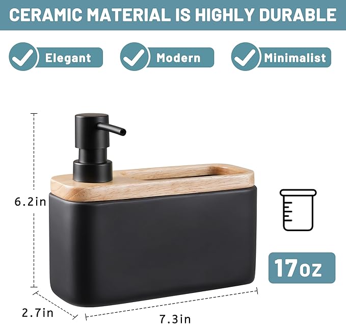 RQYIXI Black Soap Dispenser with Sponge Holder Ceramic Hand and Dish Soap Dispenser 17oz for Kitchen Bathroom