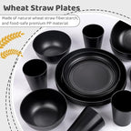 LIYH 16 Pcs Black Wheat Straw Dinnerware Set - Unbreakable Plates and Bowls Sets, Dish Sets for 4, Black Plastic Dinnerware Set Include Wheat Straw Dinner Plates Bowls Cups Kitchen & Camping