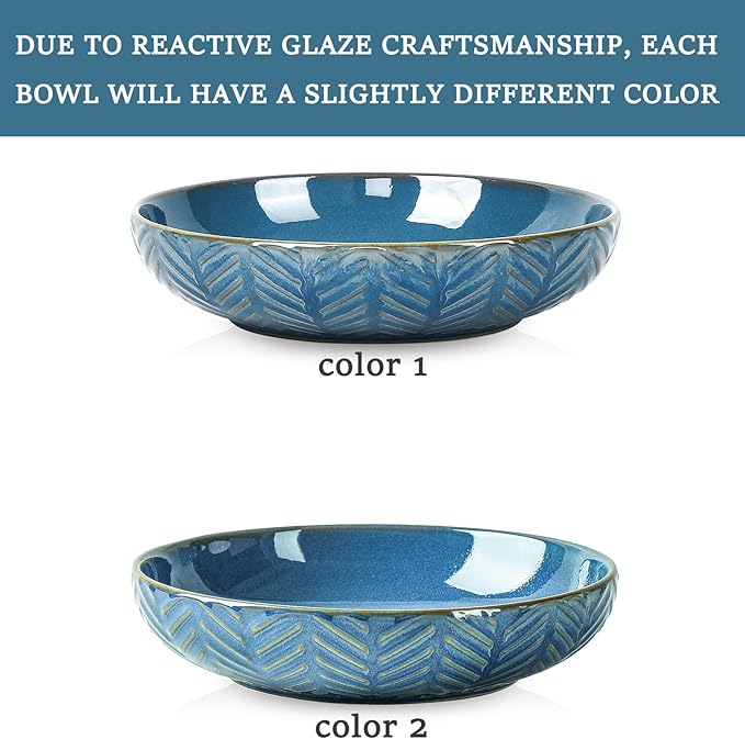 Sureasy Pasta Bowls Set of 4, 30oz Large Embossed Serving Bowl Plates, 8.5 Inch Wide and Shallow Plate Bowls, Microwave, Oven & Dishwasher Safe, Blue