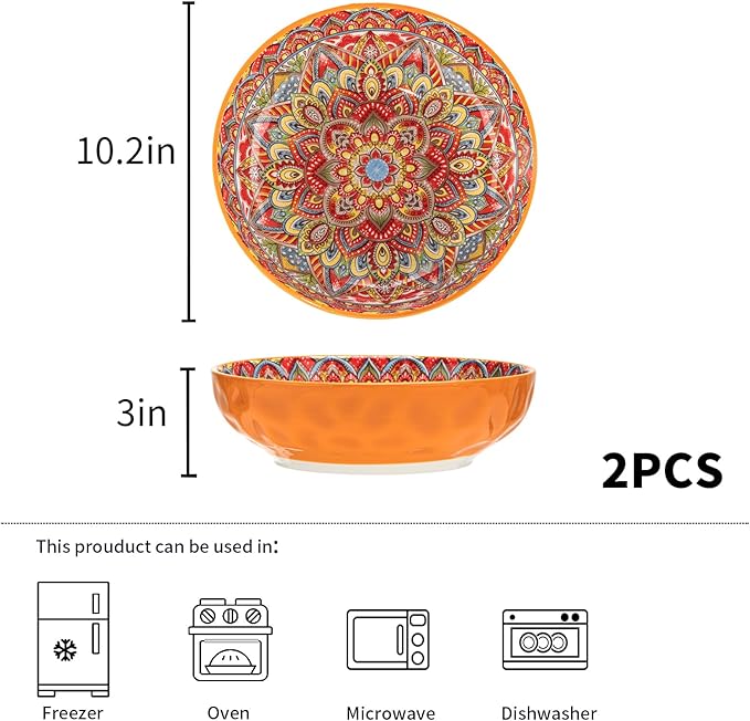 Boho Large Serving Bowls, 10.2 Inch Fruit Salad Bowls, Decorative Serving Dishes for Entertaining, 80 OZ Pasta Bowls Set of 2, Vibrant Colorful Soup Bowls for Party, Home Decor, Bohemian Style Gift