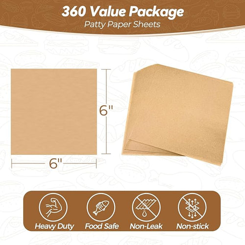 360 Count 6"x 6" Heavy Duty Patty Paper Sheets for Separating Patty, No-Stick & No-Leak Unbleached Parchment Paper Squares, Pre-cut Burger Patty Paper for Oven, Air Fryer, Microwave