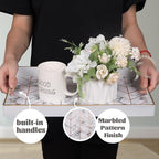 MAONAME Rectangular Decorative Tray, Modern White Serving Tray with Handles, Marbling Plastic Trays for Ottoman, Coffee Table Trays for Living Room, Home Decor, 15.8" x 10.2" x 1.4"