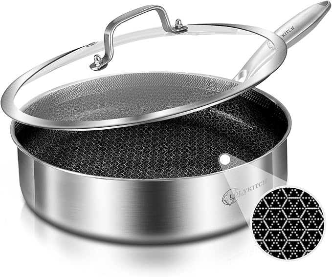 LOLYKITCH 3 Quarts Hybrid Stainless Steel Nonstick Sauté Pan,Skillet,10 Inch Induction Deep Frying Pan,Dishwasher and Oven Safe,Riveted Handle.