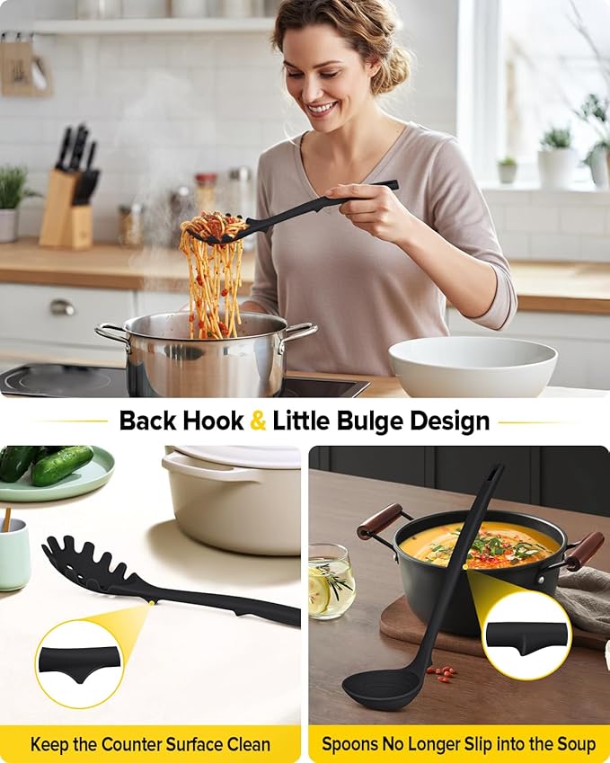 Silicone Cooking Utensils Set, 9 Pcs Heat Resistant Kitchen Utensils with Back Hooks, BPA Free Kitchen Tools with Spatulas, Spoons, Skimmer and Pasta Fork for Non Stick Cookware (BLACK)