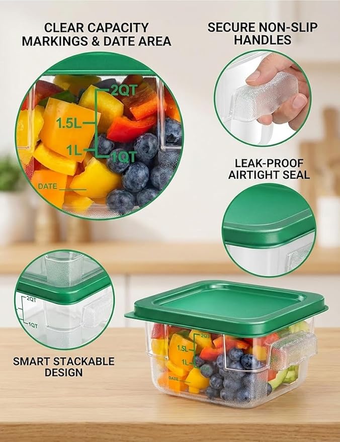4 Pack 2QT Food Storage Containers with Green Lids, Clear Square Restaurant Commercial Food Storage Containers with Handle and Scale, Marinating Container Dough Rising Bucket for Home & Dining