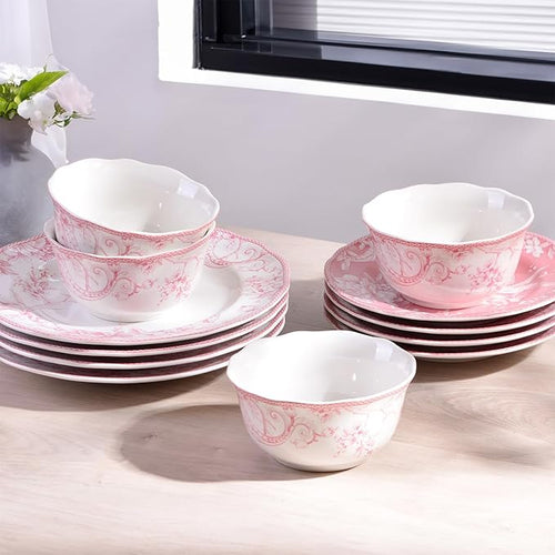 222 Fifth Adelaide Blush 12-Piece Pink Porcelain Dinnerware Set – Service for 4, Big Dinner Plates and Bowls Sets, White with Pink Floral Pattern, for Daily Entertainment, Microwave & Dishwasher Safe