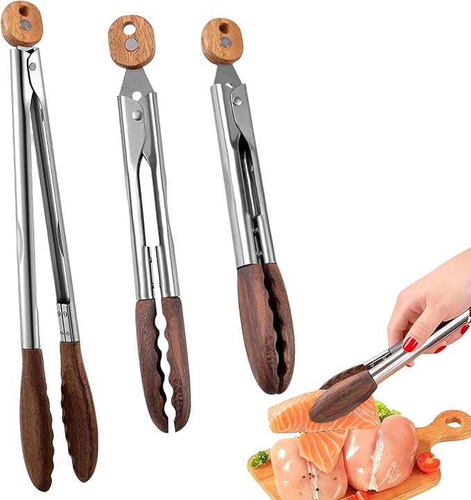 3Pcs Wooden Tongs for Cooking 7" 9" 12" Wooden Salad Tongs Stainless Steel with Hanging Hole and Walnut Wood Tip Wooden Kitchen Tongs, Wooden Tongs for Serving Food BBQ Salad Cooking and Grilling