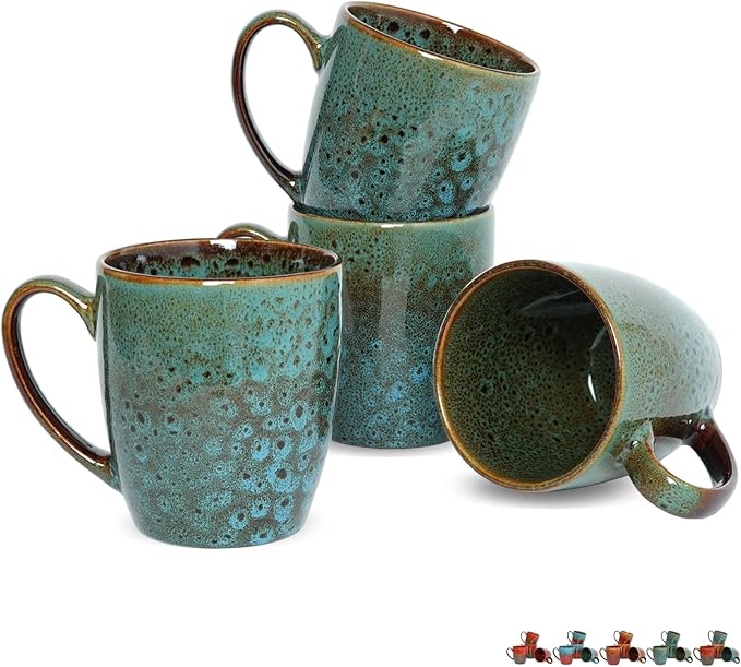 Bosmarlin Ceramic Coffee Mug Set of 4, 17 Oz, Coffee Cups with Big Handle, Microwave Safe, Unique Reactive Glaze (Blue)