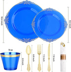 Bestluck 350 PCS Blue and Gold Plastic Plates, Disposable Dinnerware Set for 50 Guests, 100 Disposable Plates, 150 Silverwares, 50 Cups, 50 Napkins for Wedding, Party, Graduation