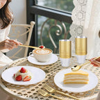 bUCLA 150PCS White and Gold Plastic Plates Disposable - 25 Guests Gold Dinnerware Set - Include 25 Each (Dinner & Dessert) Plates, 25 Knives, 25 Forks, 25 Spoons & 25 Cups for Party