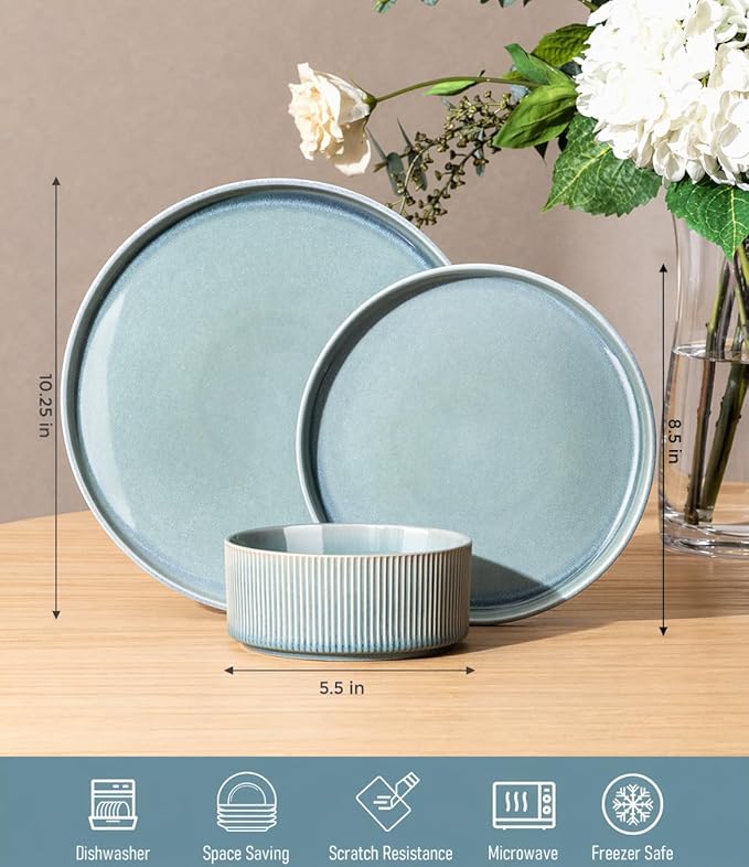GBHOME 12-Piece Stoneware Dinnerware Set for 4 – Ribbed Ceramic Plates and Bowls, Scratch-Resistant, Microwave & Dishwasher Safe, Reactive Glaze, Malachite Green