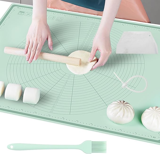 Silicone Baking Mat 32" x 24", Extra Thick Non-stick Pastry Mat with Measurements and Edge Heightening, Food Grade Silicone for Countertop Dough Rolling (With Dough Scraper/Pastry Brush/Cable Tie)