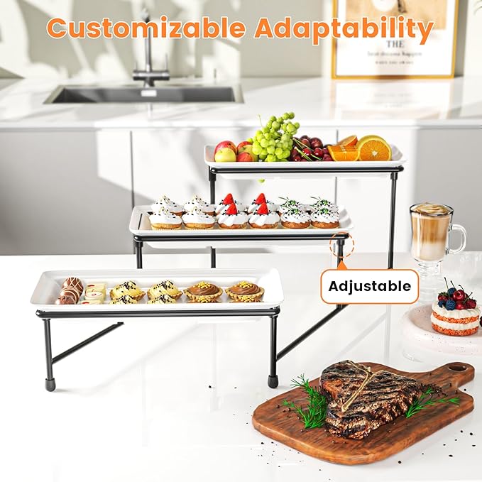 3 Tier Serving Tray for Party, 14"x7" Tiered Serving Platters with Steel Display Stand for Sevring Food,Cookies,Veggie, Dessert,Fruit, Black