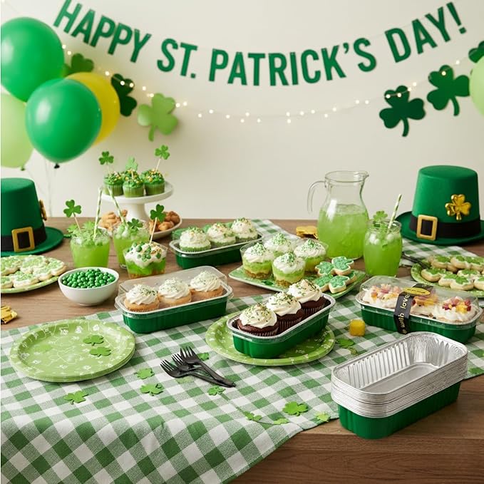 30 Pack 6.8oz Christmas Green Disposable Rectangular Aluminum Foil Mini Loaf Pans with Lids,Mini Cake Pans for Baking, Loaf Baking Pans, Small Containerfor for Patrick’s Day Party