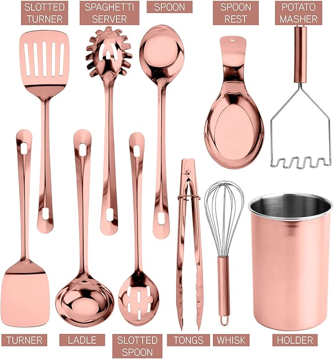 COOK WITH COLOR Kitchen Utensil Set - premium Nonstick & Heat Resistant Kitchen Gadgets, Turner, Spaghetti Server, Serving Spoons, Whisk, Tongs, Masher & Utensil Holder, 10-piece Rose Gold