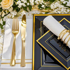 Festiva 350Pcs Black and Gold Plastic Plates-50Guests Disposable Square Black Dinnerware Set include 100 Plastic Plates,50Cups,150Plastic Cutlery,50Napkins for Party &Wedding&New Year