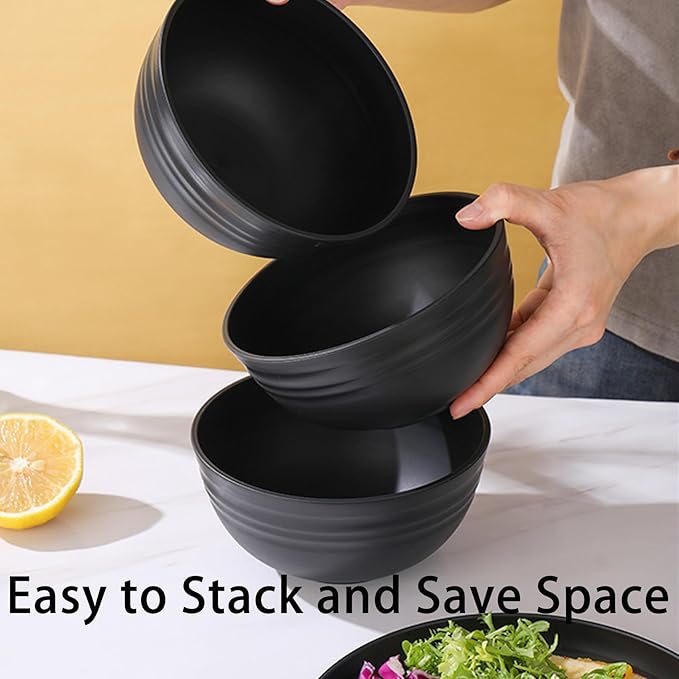 Unbreakable Wheat Straw Cereal Bowls Set of 4, 24 OZ Microwave and Dishwasher Safe Lightweight Soup and Salad Bowl Sets, Reusable Dessert Bowls for Rice, Pasta, Snack, Fruit, BPA Free (Black)
