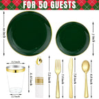 KIRE 350PCS Green Plates Disposable - Heavy Duty Green and Gold Plates - 50Guest Include Green Plastic Dinnerware - Pro Rolled Napkins with Gold Silverware and Cups for St. Patrick's Day&Party