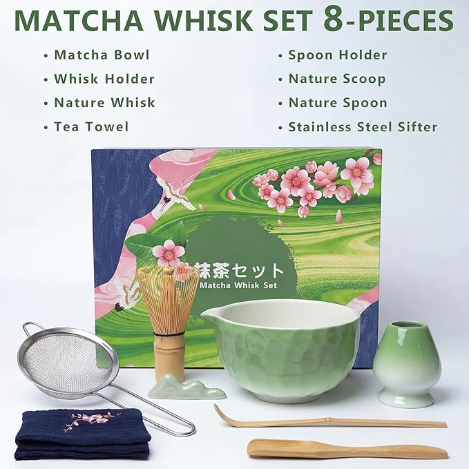 8 Pcs Matcha Whisk Set, Complete Ceramic Matcha Set Includes Bowl & Holder, Whisk, Scoop, Spoon, Tea Towel and Stainless Steel Sifter, Perfect Kit for Matcha Lovers (Green)