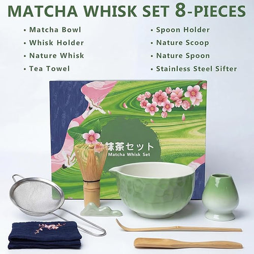8 Pcs Matcha Whisk Set, Complete Ceramic Matcha Set Includes Bowl & Holder, Whisk, Scoop, Spoon, Tea Towel and Stainless Steel Sifter, Perfect Kit for Matcha Lovers (Green)