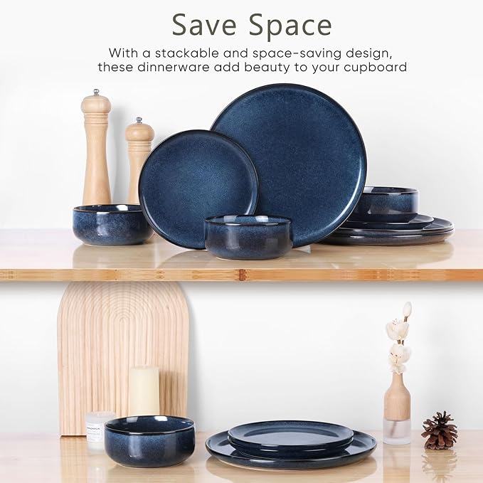 Herogo 6 Pieces Stoneware Dinnerware Sets Service for 2, Dinner Plates and Bowls Sets, Double Reactive Glaze Dishes Set for Kitchen, Scratch Resistant, Microwave & Dishwasher Safe, Starry Blue