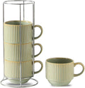 HASENSE Ceramic Coffee Mugs Set of 4 with Rack - 15 oz Stackable Large Porcelain Ribbed Latte Cup Set for Cappuccino, Tea, Hot Cocoa, Drinks - Dishwasher & Microwave Safe, Green Earth