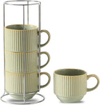 HASENSE Ceramic Coffee Mugs Set of 4 with Rack - 15 oz Stackable Large Porcelain Ribbed Latte Cup Set for Cappuccino, Tea, Hot Cocoa, Drinks - Dishwasher & Microwave Safe, Green Earth