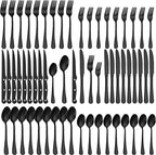 60-Piece Black Silverware Set with Steak Knives Black Stainless Steel Flatware Set for 10 Food Grade Tableware Cutlery Set Rust-proof, Mirror Polished, Dishwasher Safe