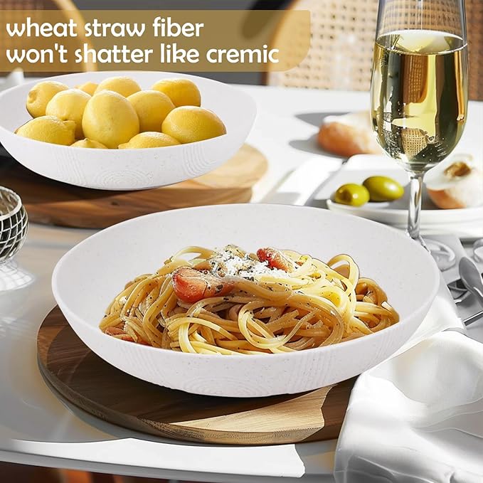 Wrova Salad Bowls 10inch Serving Bowls 65oz Large Salad Bowls Wheat Straw Bowls Set of 2 Wide and Shallow Plastic Salad Bowl for Kitchen Microwave & Dishwasher Safe.White