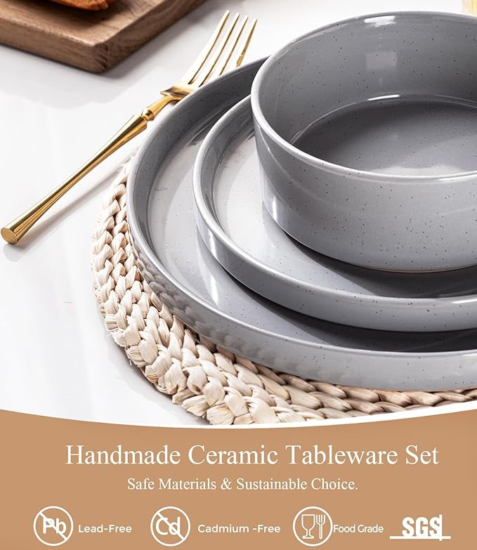 AmorArc Ceramic Dinnerware Set for 4 | Speckled Stoneware Plates and Bowls with unglazed terracotta | Scratch Resistant, Dishwasher & Microwave Safe Dishes Sets- 12-Pcs Gray
