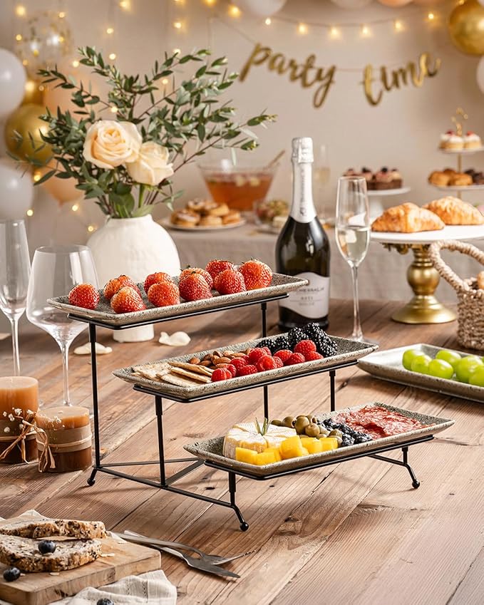 LAUCHUH 3 Tier Serving Tray, Porcelain Serving Platters and Trays for Party 12 Inch Tiered Tray Stand Cupcake Stand with Collapsible Sturdier Rack for Mother's Day Serving Food, Speckled Gray