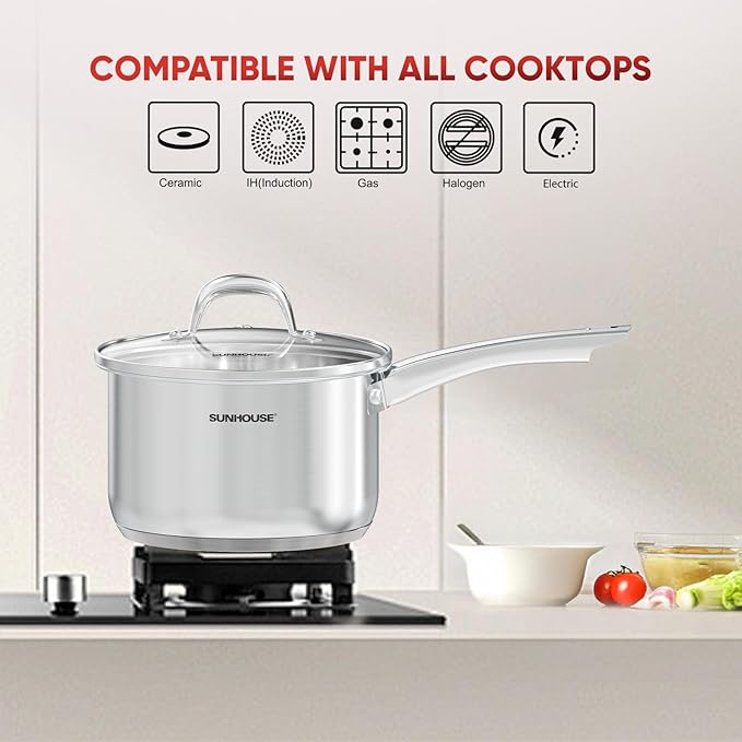 SUNHOUSE- 2 Quarts Stainless Steel Sauce Pan with Lid - PFOA-FREE, Stainless Steel Sauce Pan, Advanced Impact Bonding Induction Base, Stay-Cool Handle, Compatible with All Cooktops