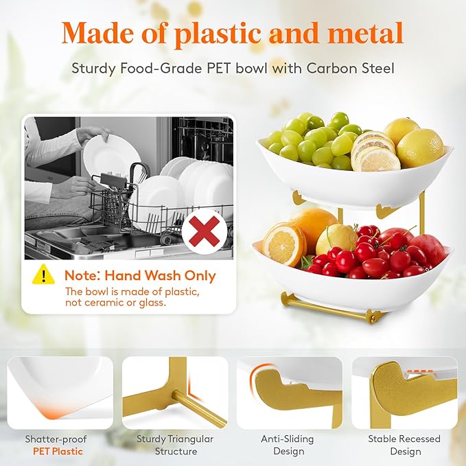 Lifewit Plastic Fruit Bowl for Kitchen Counter, 2 Tier Fruit Basket with Gold Metal Stand, Tiered Fruit Holder for Countertop Serving Tray for Vegetable/Dessert in Party 28 x 21 x 23cm/11 x 8.4 x 9