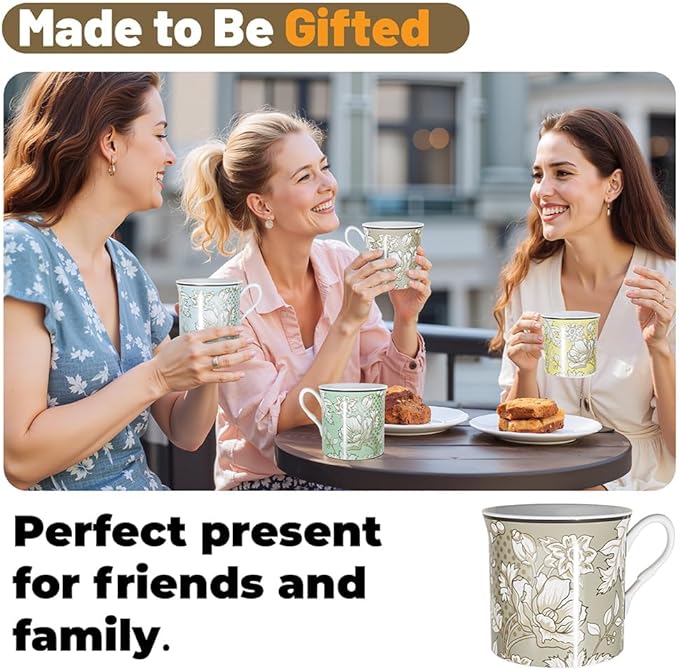 Ceramic Coffee Mugs Set of 4, 12 Oz Floral Pattern, Microwave and Dishwasher Safe, Comfortable Handles, Gifts for Women and Men, for Coffee, Tea, Latte, Cappuccino
