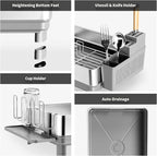 Ewaiira Dish Drying Rack, 304 Stainless Steel Dish Racks for Kitchen Counter, Dish Drainers with Automatic Drainage, Utensil Holder & Cups Holder, Space Saving Kitchen Organizer, Gray