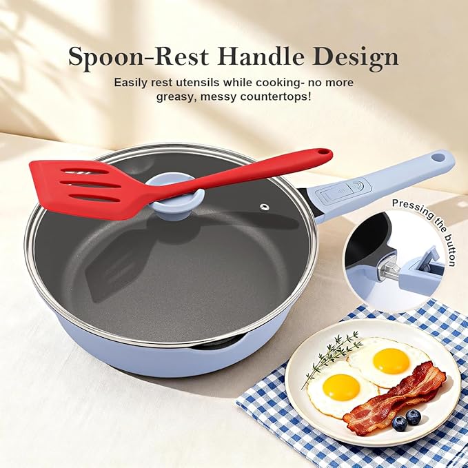 12 Inch Non Stick Frying Pans with Lid, 5 QT Nonstick Deep Frying Pan Skillet, Saute Pan with Detachable Handle, Compatible with All Stoves, Oven Safe, PTFE & PFAS-Free, Blue