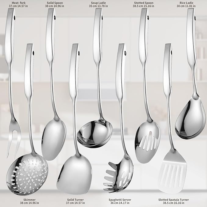 9PCS Silverware Set for 304 Stainless Steel Kitchen Utensils Set Cooking Utensil Set, 15 Inches All Metal Cooking Tools Wok Kitchen Cookware Set with Spatula Useful Pots and Pans Accessories