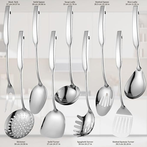 9PCS Silverware Set for 304 Stainless Steel Kitchen Utensils Set Cooking Utensil Set, 15 Inches All Metal Cooking Tools Wok Kitchen Cookware Set with Spatula Useful Pots and Pans Accessories