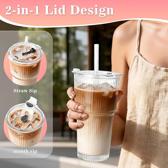 20oz Glass Tumblers with Lids and Straws, Reusable Iced Coffee Cups, Vintage Drinking Glasses, Ribbed Glassware for Whiskey Cocktail Beer, Juice, Style Glasses for Party, Gifts